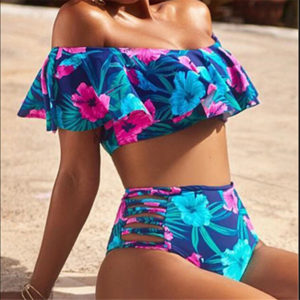 Hawaiian Print Off The Shoulder Ruffle Bikini