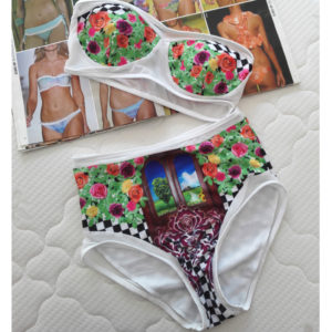 Checker and Floral Print High Waisted Bikini