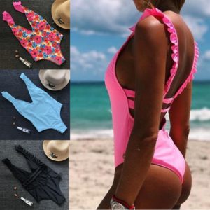 Deep V Neck Ruffle Strap One Piece Swimsuit