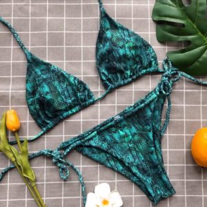 Green Snakeskin Print String Bikini