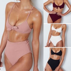 Ribbed Tie Front Bikini with High Waisted Bottoms