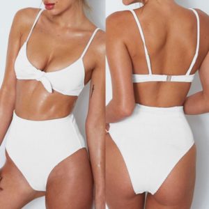 Ribbed Tie Front Bikini with High Waisted Bottoms
