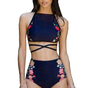 Floral Crop Top Bikini with High Waisted Bottoms