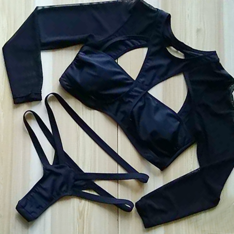 Black Long sleeves Backless High Neck Cut out Thong Bikini 4