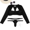 Black Long sleeves Backless High Neck Cut out Thong Bikini 5