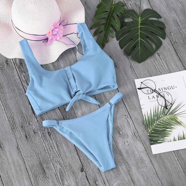 Button-Front-Knotted-Bikini Blue Knotted
