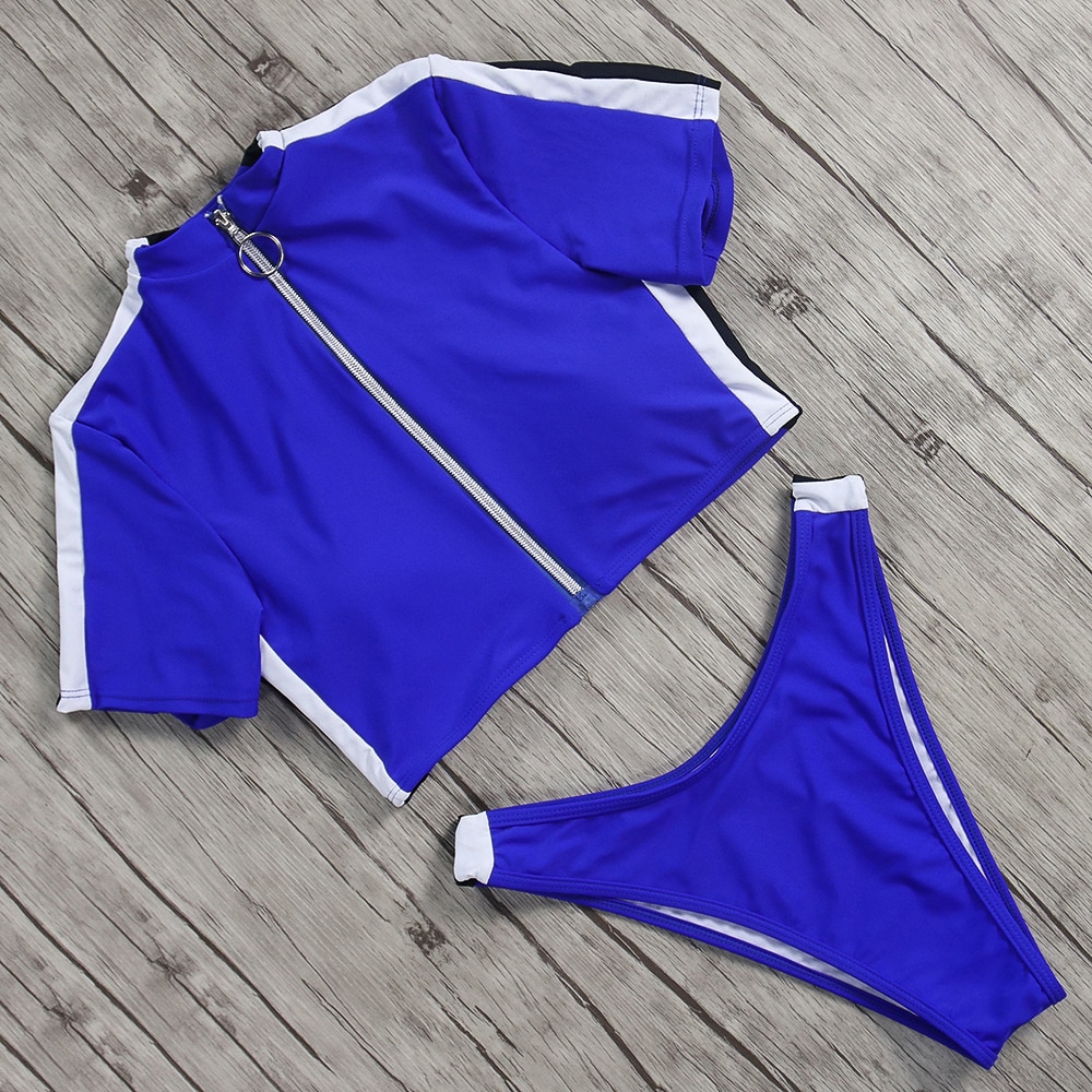High Waist Zipper Bikini with Collar blue