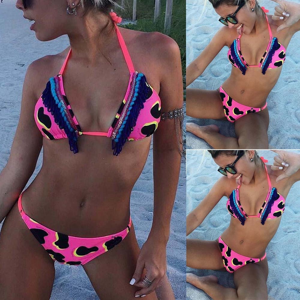 Neon Leopard Print Embellished Bikini 1