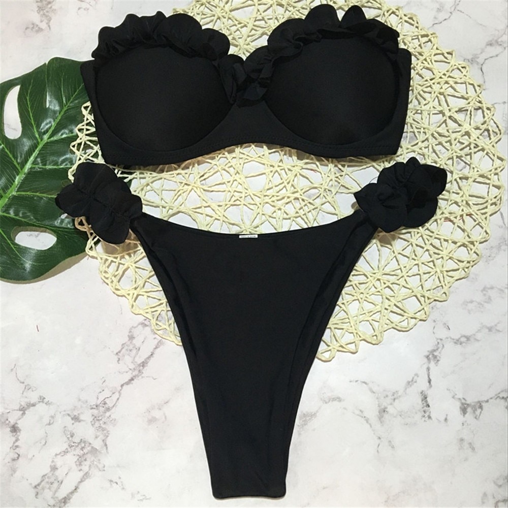 Solid Ruffle Bandeau Bikini Black Bikini 2