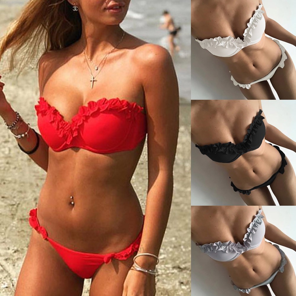 Solid Ruffle Bandeau Bikini Collage